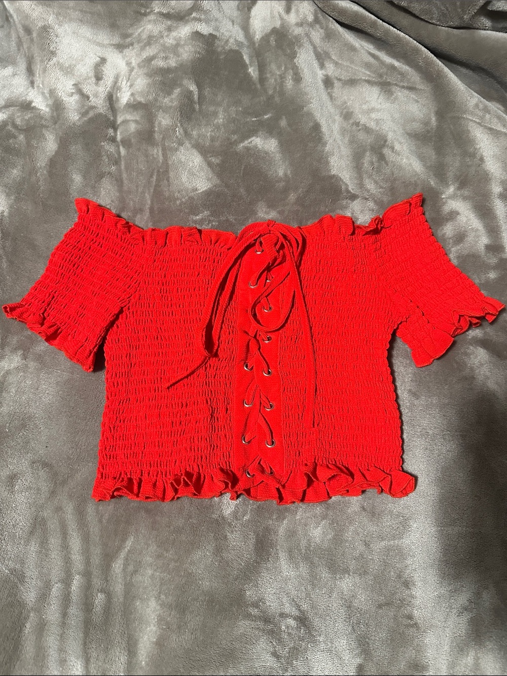 Red Off-Shoulder Smocked Lace-Up Crop Top